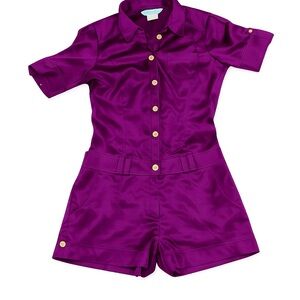 Vintage Marciano Silk Romper Fuchsia Belted Button Front 90s Luxe M